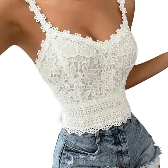 White Boho Womens Guipure Lace Cami Top - Picture 5 of 6